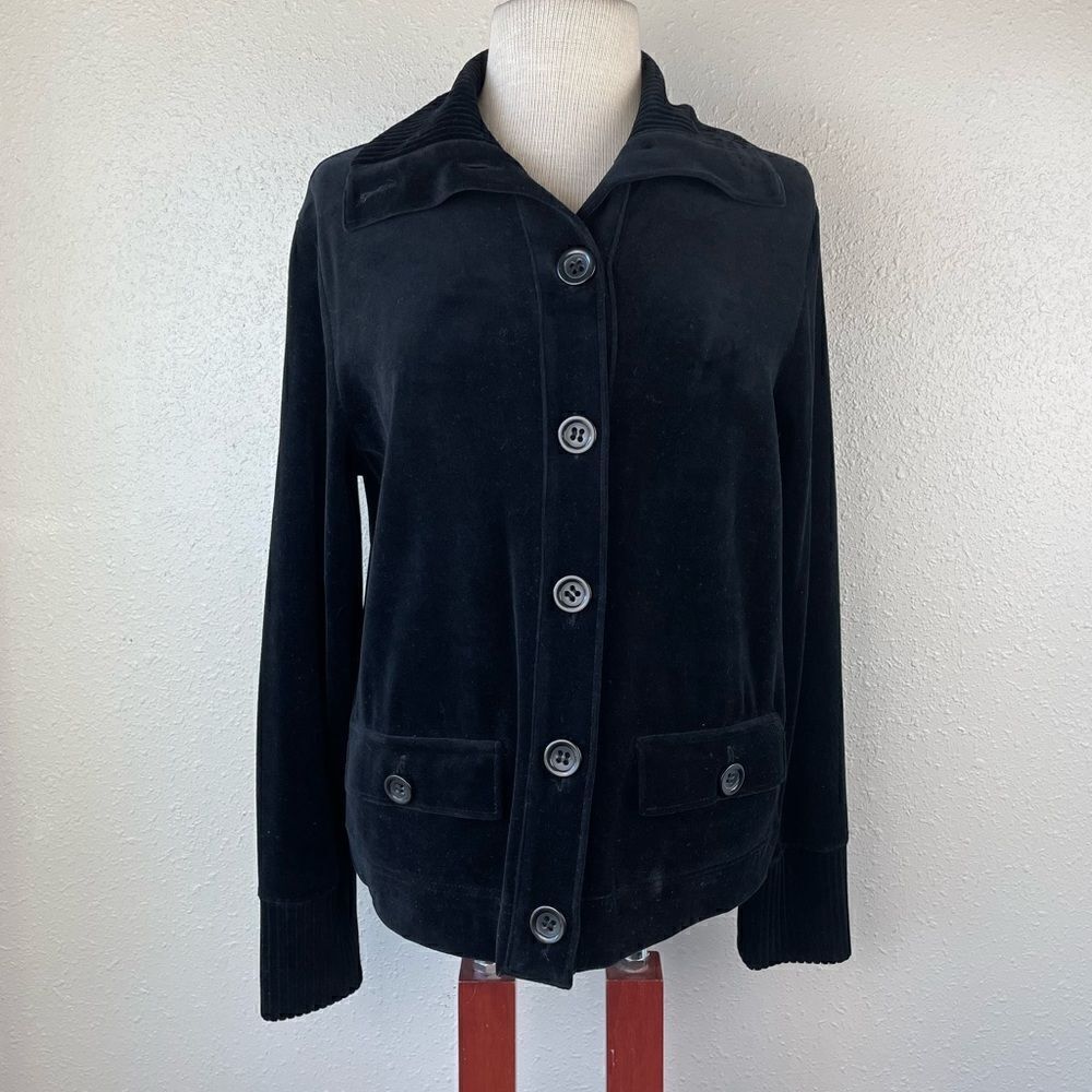 Jones New York Black Velour Button Down Coat Size L EUC